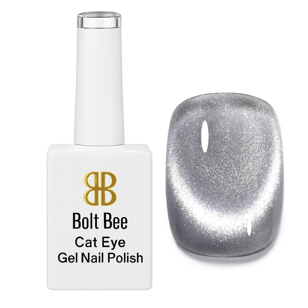 Bolt Bee Professional Cat Eye Gel Nail Polish Magnetic Cat Eye Effect, Soak Off UV & LED Gel, Long-Lasting Glitter Nail Polish for Salon & Home Use (Silver, 9ml)