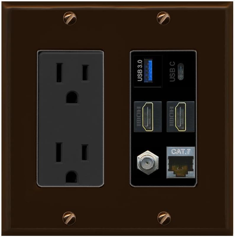 RiteAV USB 3 USB C 2 HDMI Coax Cat7 Wall Plate - Outlet [Wood/White]