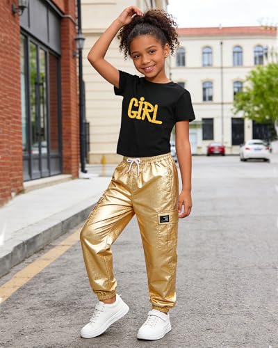 Image of Betusline Girls 2 Piece Summer Outfits,Black Print Cute Short Sleeve Crop Tops + Gold Cargo Jogger Pants Clothes,4-5T = Tag 120