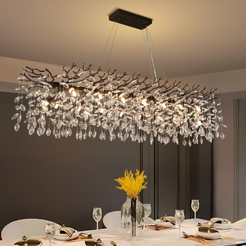 YUYI 60" Black Tree Branch Chandelier, 16-Light Rectangular Crystal Chandelier for Dining Room Kitchen Island, Luxury Modern K9 Crystal Raindrop Chandeliers Light Fixture for Living Room