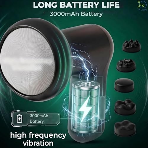Image of KLEN Rechargeable Mini Handheld Massager Machine with 5 Interchangeable Heads - Cordless Electric Design Adjustable Speeds for Back, Neck, Shoulders & Legs