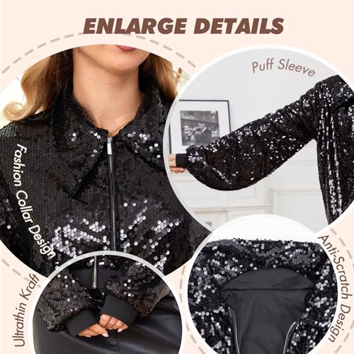 Women's Sequin Jacket with Handbags, Long Sleeve Sparkly Jacket Front Zipper with Ribbed Cuffs3