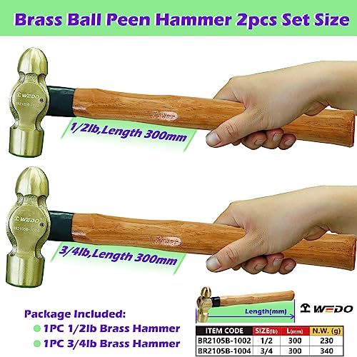 Image of WEDO 2PCS Brass Ball Peen Hammer Set, 8 oz + 12 oz(1 /2lb+3 /4lb), Brass Ball Pein Hammer Set with Wooden Handle, Die-Forged, Corrosion Resistant, DIN Standard