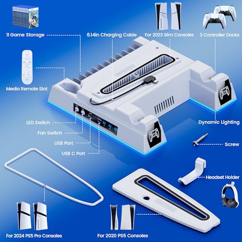 Image of Svetaecho PS5 /Slim /Pro Stand and Turbo Cooling Station with Controller Charging Station for PlayStation 5 Digital /Disc Console, LED Cooling Stand PS5 /Slim /Pro Accessories Kit with 3 Level Cooler Fan