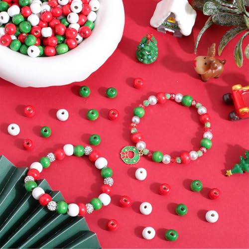 SUNNYCLUE 600Pcs Christmas Wood Beads 10mm Craft Beads Wooden Green Red Opaque Round Bead Spacers Decor Loose Beads with Hole for Christmas Tree Wall jewellery Making Supplies DIY Decoration Craft Kit - Image 4