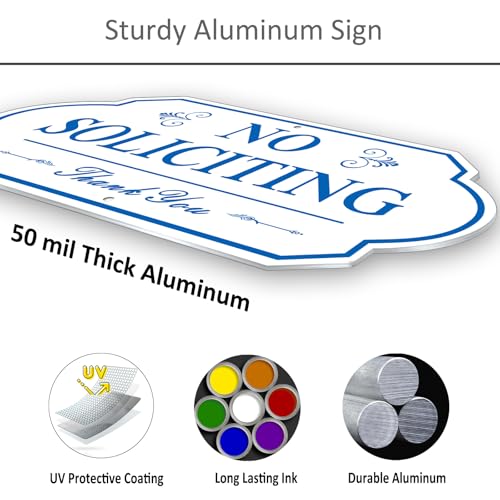 Image of Heavy Duty No Soliciting Sign for House - All Metal Construction No Soliciting Yard Sign - 14 inch x 7 inch - Aluminum - with 28 inch Long Stake (BLUE and WHITE)