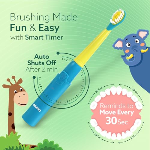 Image of AGARO REX Sonic Electric Kids Toothbrush with 3 Brushing Modes & Rechargeable Battery, Power Tooth Brush, (Blue)