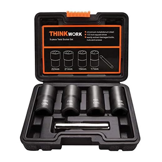 THINKWORK Twist Socket Set Lug Nut Remover Extractor Tool - 5-Piece Metric Bolt and Lug Nut Extractor Socket Tools