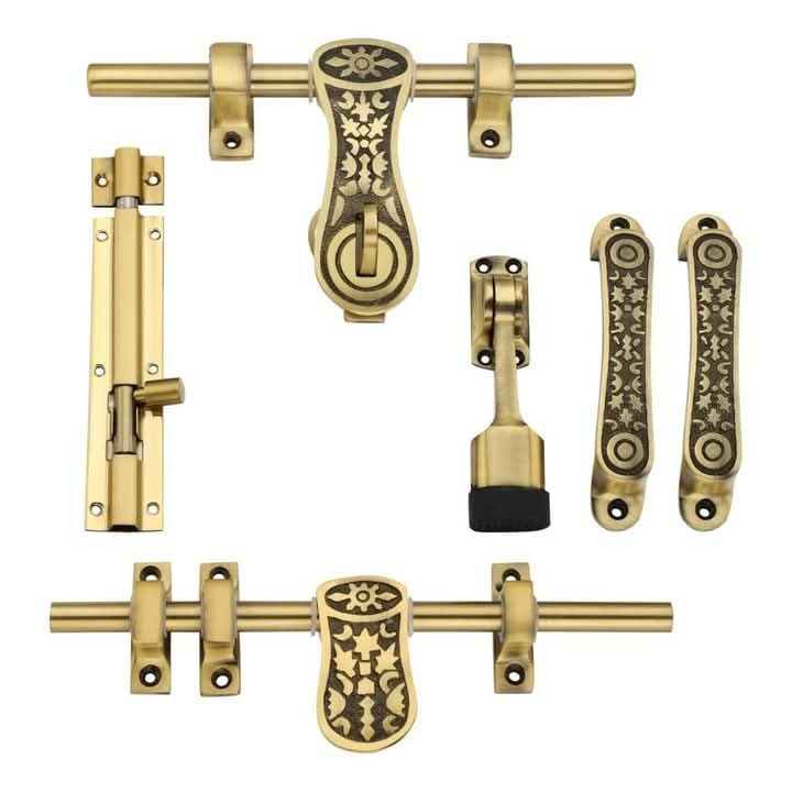 Brass Antique Door Kit | Floral Engraved Design with 10" Al-Drop, 8" Latch, 7" Floral Handles (Set of 2), 7" Tower Bolt & 4" Door Stopper | Elegant Vintage Look for Main Wooden Doors-image-37