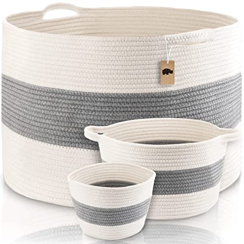 Image of LITTLE HIPPO 3 Pcs Big Blanket Basket Living Room - (21"x16") Extra Large Rope Woven Baskets for Storage | 100% Natural Cotton Decorative Toy Basket with Handles | Boho Laundry Basket for Floor