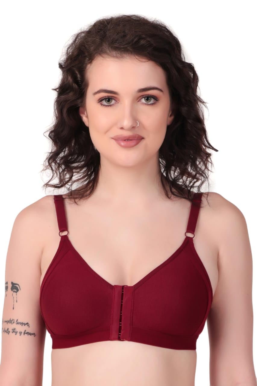 Front Hook Cotton Bra, Maroon, Full Coverage, Adjustable Straps-picture-11