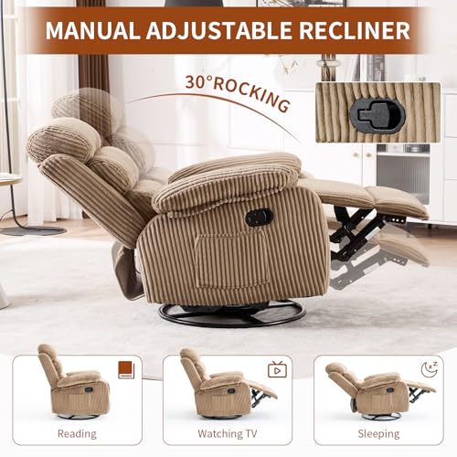 Image of Velvet Upholstered Glider Recliner Chair - 360 Swivel Rocker Chair for Adults, Small Rocking Chair for Small Spaces, Soft Fabric Recliner Chair with Side Pockets, Comfortable Nursery Chair,Brwon