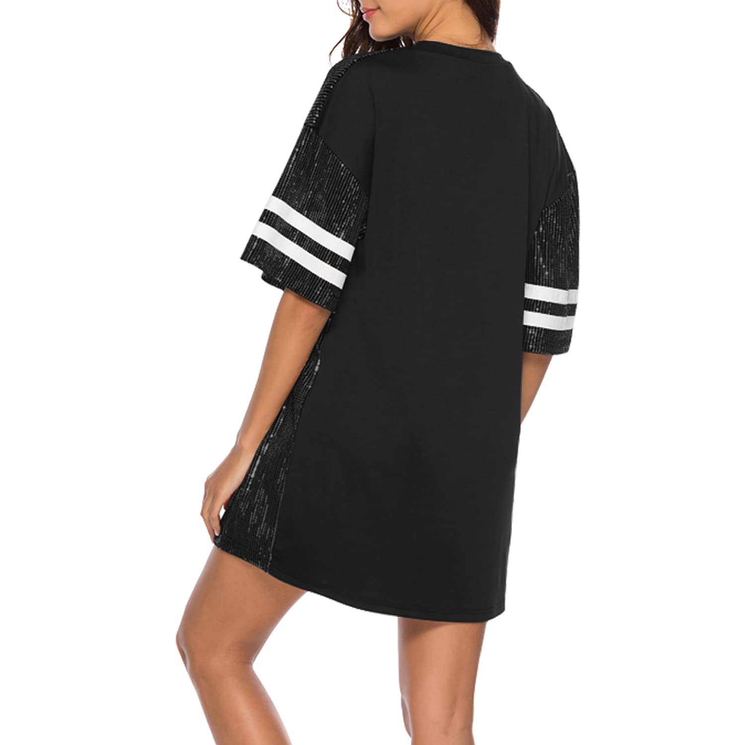 Jigfar Damen-T-Shirt-Kleid mit glitzernden Pailletten, kurzärmelig, lässig, locker, niedlicher Tunika-Bluse