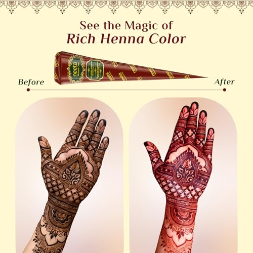 Image of Neeta Mehendi Cones for Hand 12 Pcs in 1 Box (Pack of 3) Bridal Mehndi Cones Natural Mehendi Cone for Wedding, Hand Designing, Reddish Brown Color Long Lasting Niddle Cones for Women