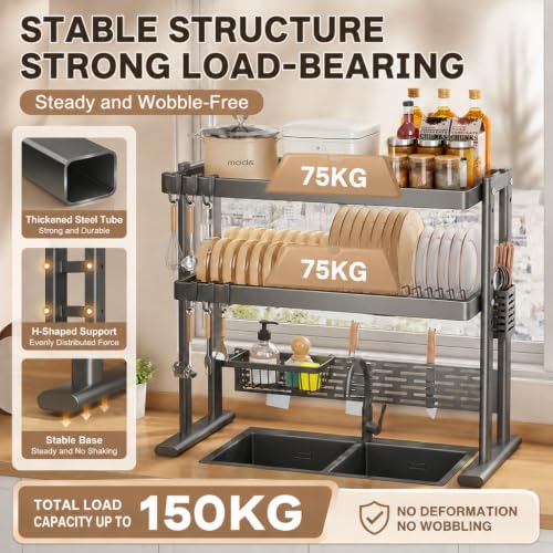 Image of COMFYHOME Over Sink Dish Drying Rack, 2 Layer, Kitchen Sink Dish Rack, for Plates, Bowls & Utensils, Rust-Resistant and Sturdy(80cm*30cm*81cm)