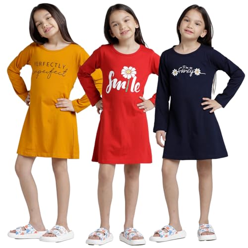 Image of T2F Girls Cotton Printed Regular Fit Full Sleeve Knee Length Nightgown (Pack of 3)
