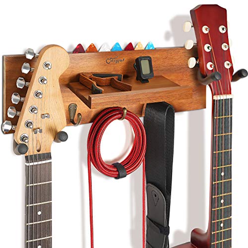 Guitar Hanger Wall Mount with Shelf and Pick Holder, Solid Wood Guitar Holder with Double Rotatable Rubber Hook, Guitar Hanging Rack for Acoustic Electric Guitar, Bass, Banjo, Guitar Accessories
