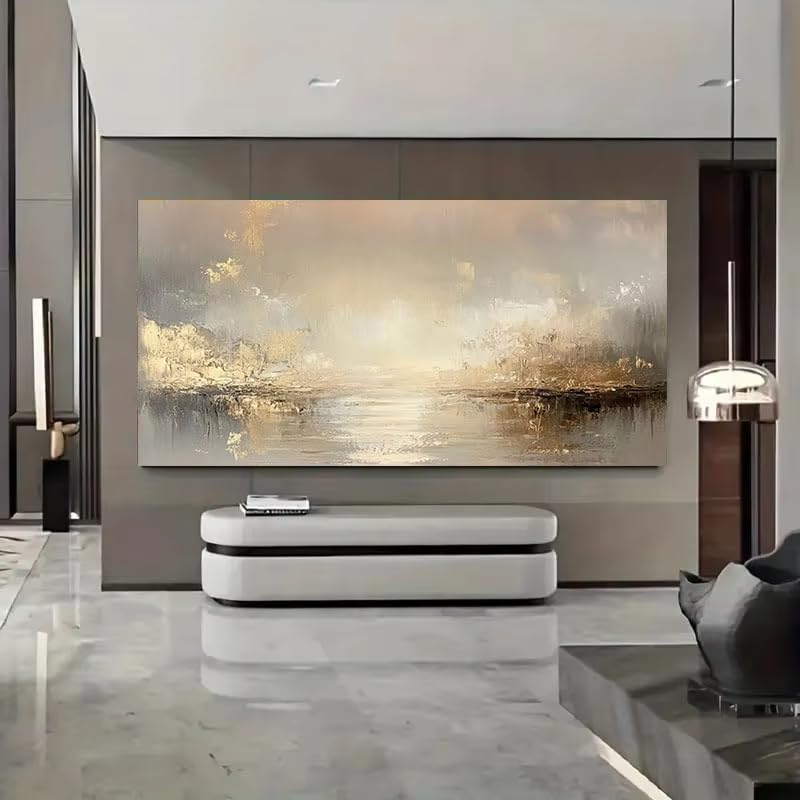 AEXOIO Großes abstraktes Ölgemälde in Beige und Gold mit Struktur – rahmenloses Wandbild für Wohnzimmer, Schlafzimmer, Wanddekoration 100x200cm/39x79in