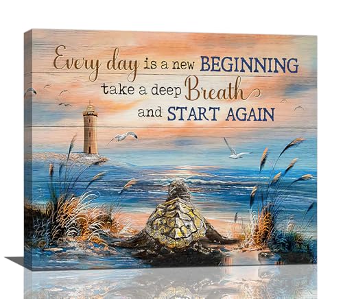 Sea Turtle Bathroom Decor Wall Art Beach Blue Ocean Lighthouse Inspirational Quotes Pictures Wall Decor Canvas Painting Prints Artwork Home Decorations Framed for Bedroom Office Kitchen 24"x20"