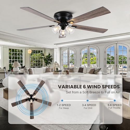 Image of Dawn Whisper 60 Inch Farmhouse Flush Mount Ceiling Fans with 3 Lights Bulbs Base Vintage Low Profile Ceiling Fan for Living Room Bedroom