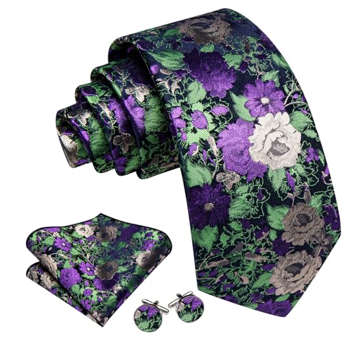 Image of Barry.Wang Flower Ties for Men Handkerchief Cufflinks Set Wedding Necktie Set Party