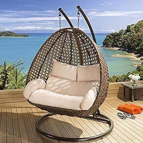 Image of Double Seater Heavy Iron Hanging Golden Swing with Tufted Soft Deep Beige Cushion & Stand Backyard Relax for Indoor, Outdoor