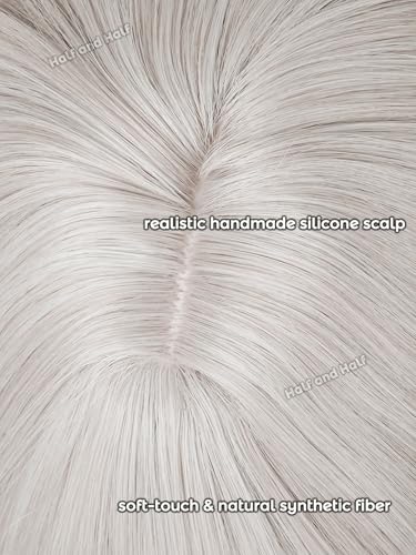 Image of Half and Half Atsushi Cosplay Wig Short Light Gray Blonde Anime Wigs for Men Platinum Blonde Wig with Bangs + Black Hairpiece for Halloween Party Daily Women Unisex