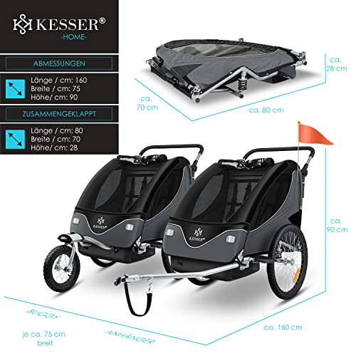 KESSER® Kinderanhänger Fahrradanhänger 360° Drehbar mit Federung 2in1 Joggerfunktion Kinderfahrradanhänger + 5-Punkt Gurt Jogger Fahrrad Anhänger für 1 bis 2 Kinder max. 40kg Inkl. Warnfahne, Schwarz