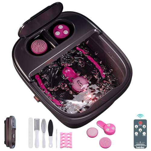 Beinilai Collapsible Foot Spa Massager with Heater Remote Control Temp Control 3 Pedicure Attachments Pedicure Foot Bath with Bubble and Handle for Relive Stress
