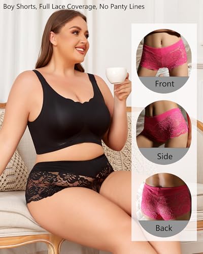 Image of Sexy Underwear For Women, Plus Size Lace Boyshorts Panties Soft Boxers Panty With Cotton Crotch, 6 Pack