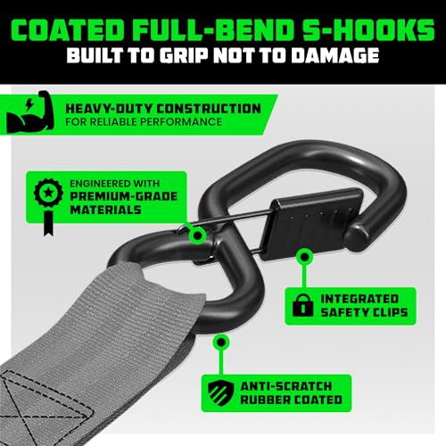 Image of Rhino USA Ratchet Straps Tie Downs (4-Pack) - 1 Inch x 15 Feet (1,823lb Break Strength) - Ultimate Tie Down Straps with Safety S Hooks - for Trucks, Cargo, Moving, Appliances - Grey