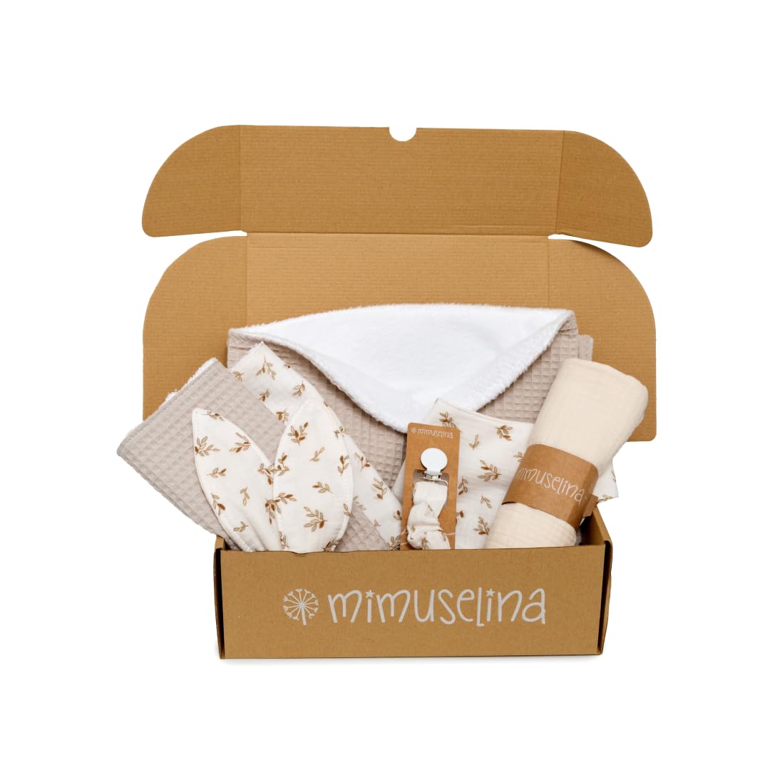 MIMUSELINA Set Regalo Neonato | Cesto Nascita Bimbo o Bimba | Regalo Nascita Originale | Regali Baby Shower Unisex | Cofanetto Neonato Disponibile in Diverse Dimensioni | Sahara, Small