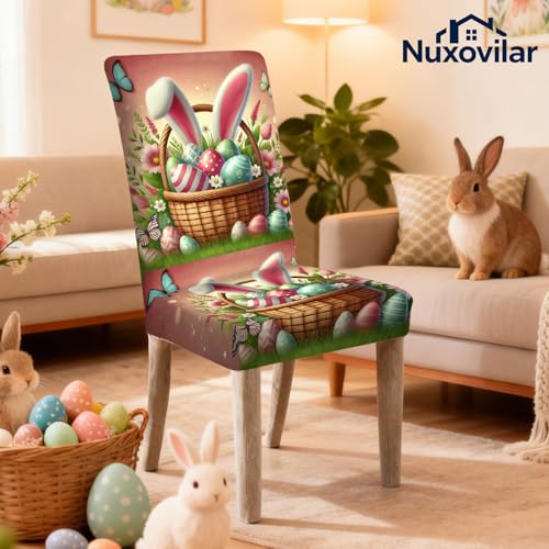 Image of Nuxovilar 4PCS Basket Bunny Design Milk Silk Stretchy Chair Covers | Stretch Slipcover Cute Protector Bunny Wrap Seat Guard Dining Room Family Brunch Kitchen Room (Basket Bunny)