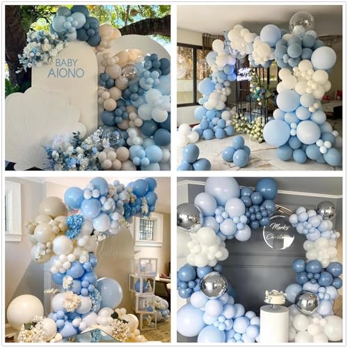 Image of 412Pcs Dusty Blue White Sand Balloon Arch Garland Kit,18 12 10 5 Inch Slate Fog Baby Blue Macaron Blue Sand White for Birthday Baby Shower Wedding Bridal Gender Reveal Decorations