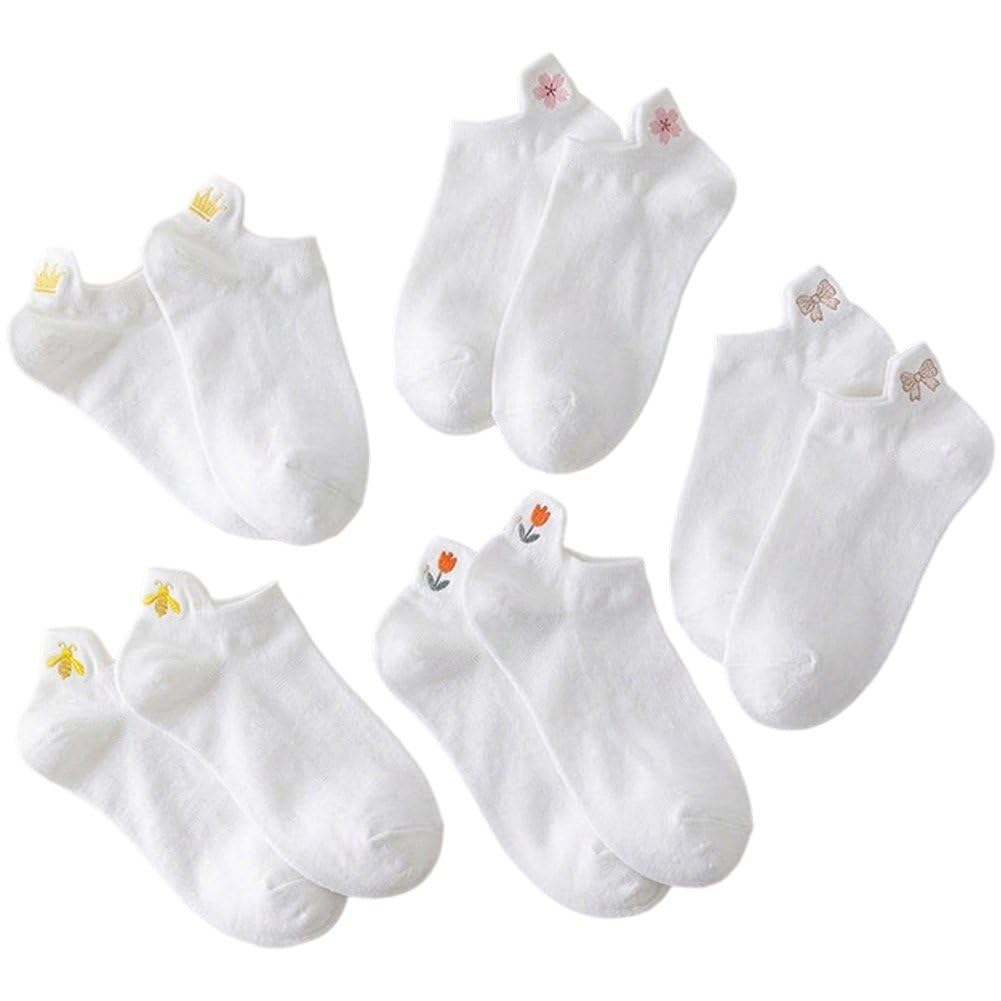 Sslvya 5 Pairs Women's Floral Embroidered Low Cut Ankle Socks, Summer Spring Fall Breathable Comfortable Casual Sock