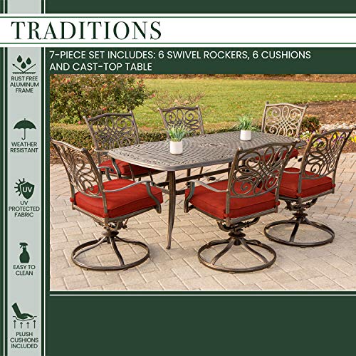 Hanover Traditions 7-Piece Rust-Free Outdoor Patio Autumn Berry Red Cushions, 6 Swivel Rockers And Aluminum Rectangular Dining Set With Cast Top Table #TOP3