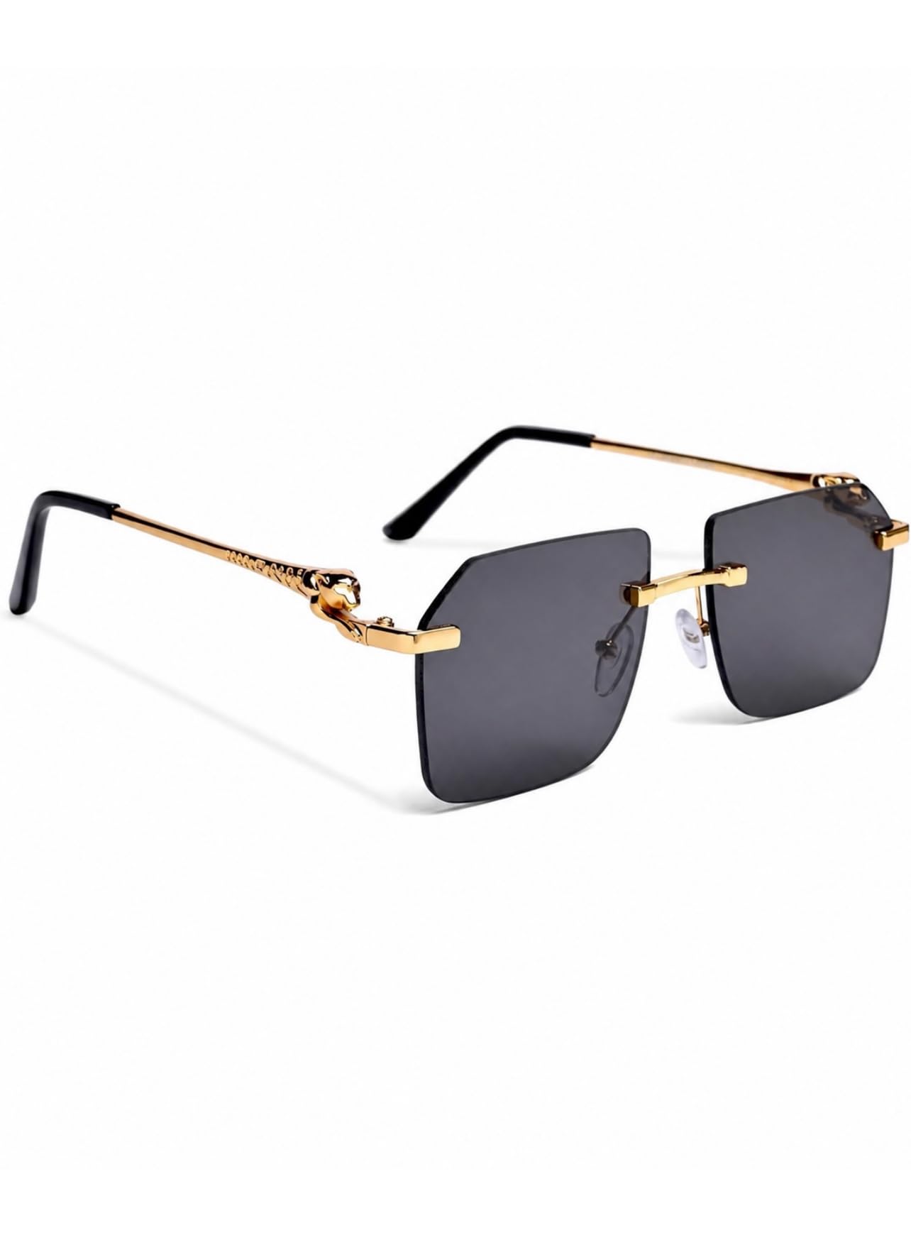 Rimless Unisex Square Sunglasses Gold Metal Frame with Decorative Lion head arms UV400 Protected|Black Lens | Stylish Unisex Eyewear for DrivingTravel & Casual Outings-image-1