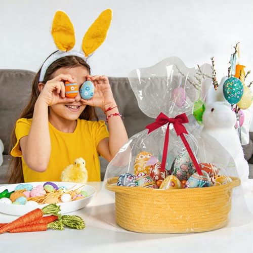 Image of WILLITAT Yellow Basket for Gifts Empty, 13 inchx 9 inchx 5 inch Small Woven Gift Basket with Bag and Ribbon, Cotton Rope Dog Cat Toy Bin Box, Cute Baby Nursery Organizer, Decorative Storage with Handles, Yellow