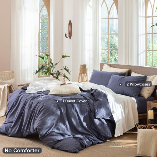Image of MooMee Striped Duvet Cover Set 100% Washed Cotton Linen Like Queen | Relaxed Linen-like Texture. Soft, Breathable & Long-lasting Comfort. Lightweight. Hidden Zipper with 8 Interior Corner Ties