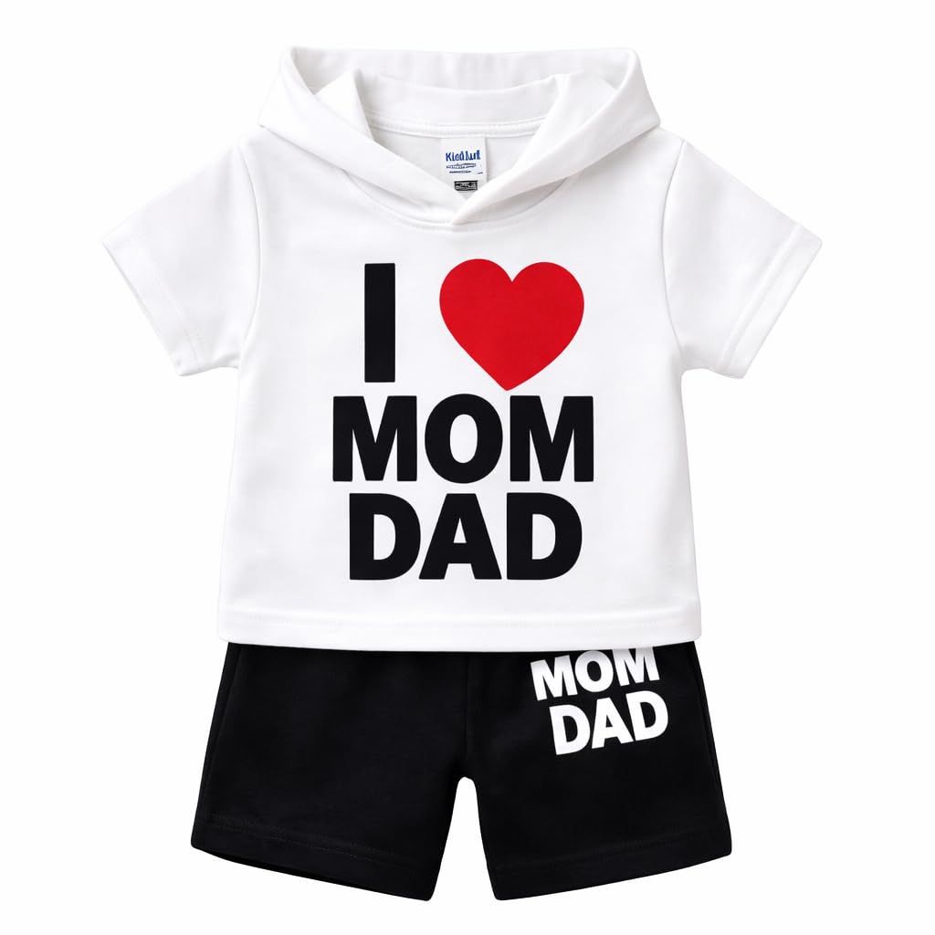 KiCO Kid I Love Mom Dad Printed Hooded T-Shirt and Shorts Set, White and Black, Hosiery Cotton, 2 Months to 5 Years, for Baby Boys and Girls-image-34