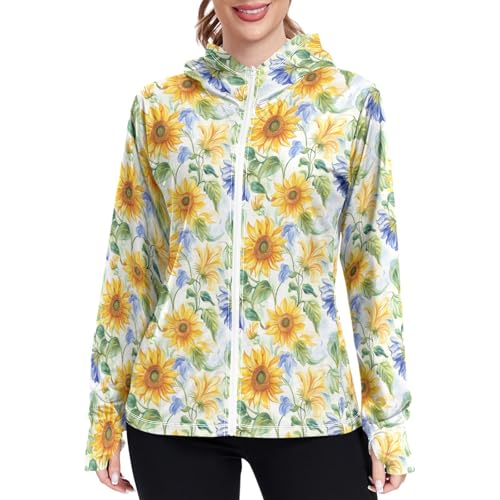 Womens Sun Protection Hoodie Jacket Lightweight Long Sleeve Zip Up Jackets for Women Clothing for Hiking Golf Cycling XXL Watercolour Sunflowers