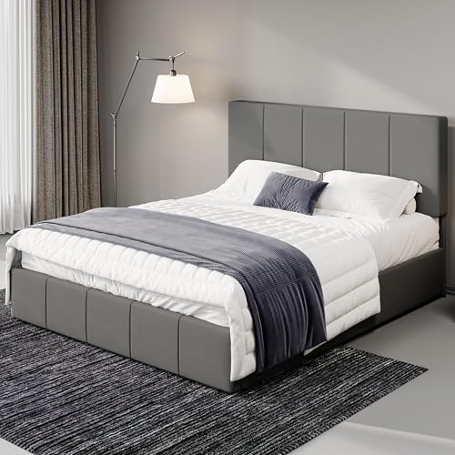 Allewie Full Size Dutch Velvet Upholstered Platform Bed Frame/Vertical Channel Tufted Adjustable Headboard/Low Profile Bed Frame/No Box Spring Needed/Easy Assembly/Grey