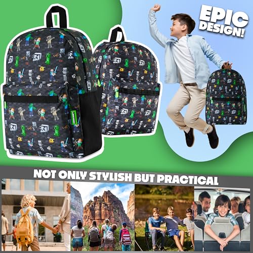 شنطة مدرسية للأولاد والبنات، شنطة ظهر للأطفال من ماين كرافت، (لون أسود على كامل التصميم)
