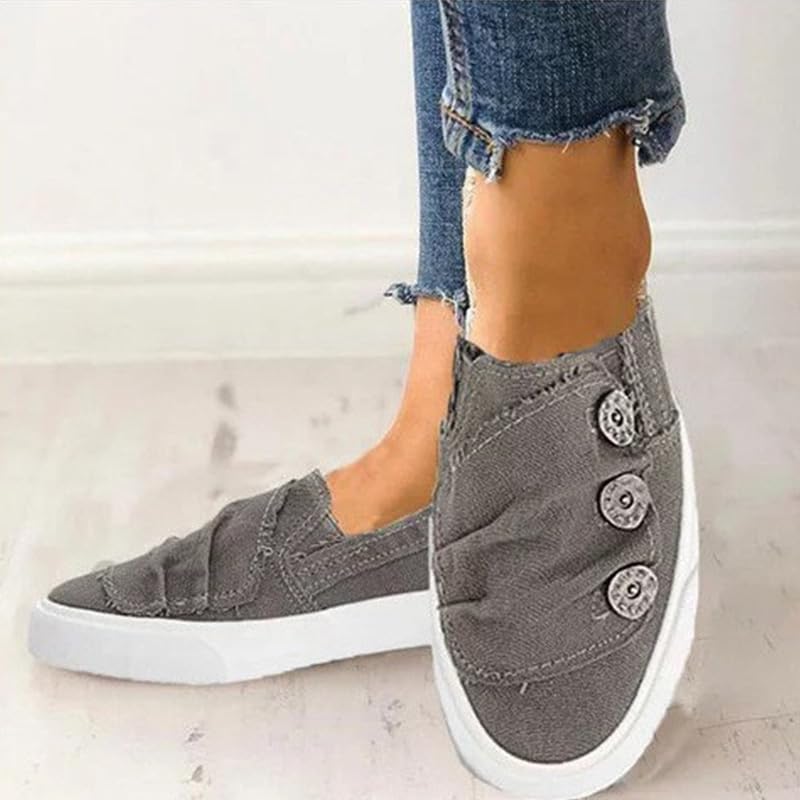 Women's Canvas Casual Buttons Flats Shoes Slip-on Round Toe Breathable Comfortable Lightweight Ballet Low Top Lazy Walking Shoes4
