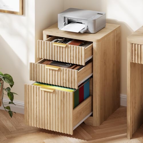 Image of Halitaa 3 Drawers File Cbinet, Fluted Wood Lateral Filing Cabinet, Oak
