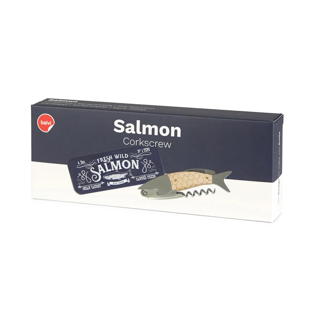 Balvi Sacacorchos Wild Salmon Abrebotellas y Herramienta multifunción con Caja metálica Acero/Madera