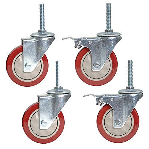 MFLASMF Lot de 4 roulettes pivotantes robustes en PVC pour chariot et meubles - Tige filetée M12 x 60 mm - Double roulement - Avec écrou - Frein + universel 75 mm