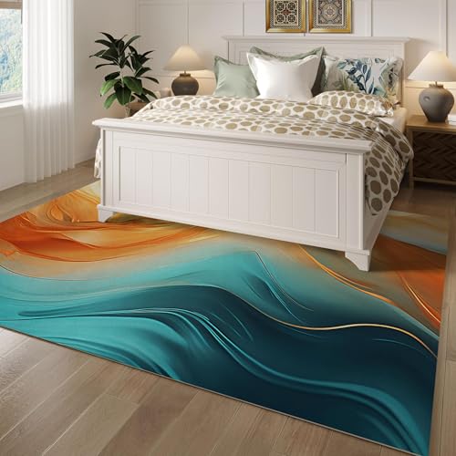 Tapete decorativo 5'x7' naranja y teal lavable antideslizante miniatura 4