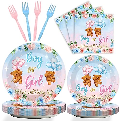 Image of 96 Pieces Bear Gender Reveal Theme Tableware Set for Gender Reveal Party Table Decor Supplies Boy or Girl Dessert Plates Napkins Forks for 24 Guests Pink Blue Bear Baby Shower Disposable Party Favors