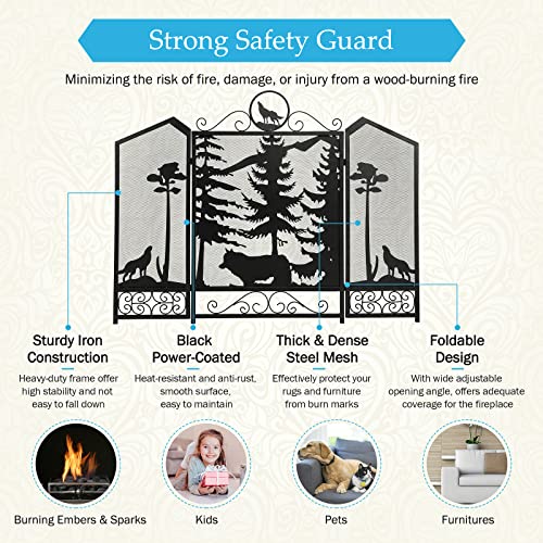 IRONWALLS Fireplace Screens Decorative, 44” (L) x 34”(H) 3-Panel Folding Fireplace Screen Black with Wolf Pattern, Free Standing Metal Fireplace Gate Fence Spark Guard for Baby Pet Safety - Image 4